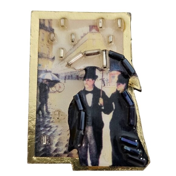 Couple Under Umbrella City Scape Glass Bead Resin Pin Pendant Bonnie Kondor L639 - Picture 1 of 9